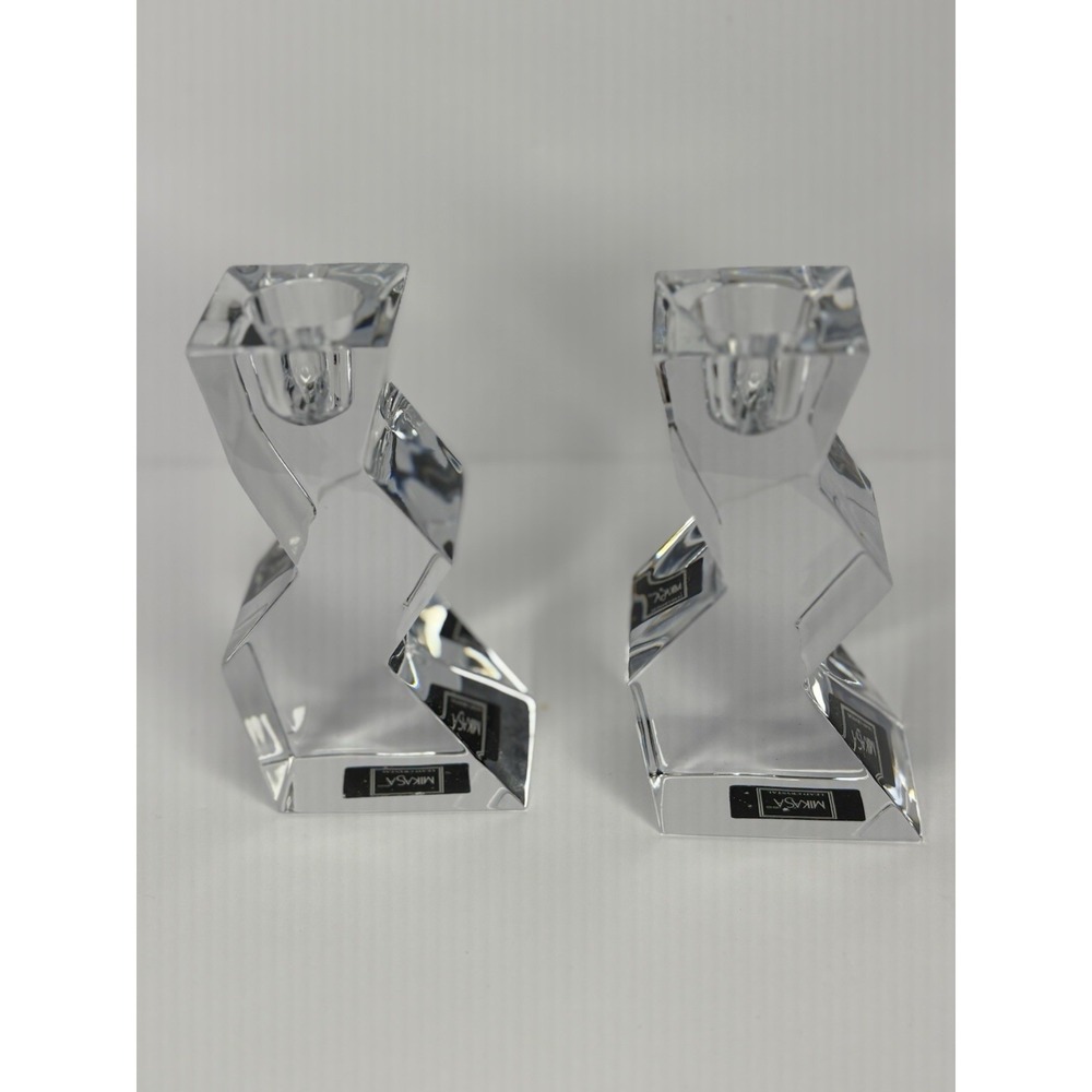 Pair Lead Crystal Mikasa Enigma Candleholders Zig Zag Abstract Elegant  Box 5"